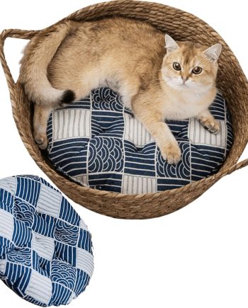 Cat Bed, Straw Woven Cat Baskets Bed, Round Wicker Cat Basket Nest, Non-Slip Cozy Kitten Bed for Cats Small Dog (with Cushion,Medium)