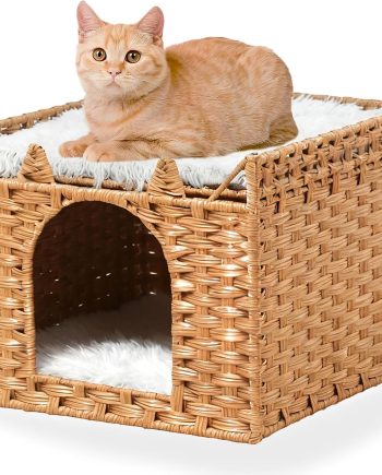 Cat Bed with Ears - Handwoven Rattan Cat Cave House for Indoor Kittens, Foldable Hideaway with 2 Removable Cushions, 16.5x16.5x13.2 Inch Natural Pet Cube for Living Room/Bedroom Natural