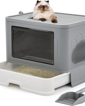 Large Enclosed Cat Litter Box with Lid Cover, Hooded Odorless Cat Toilet with Litter Scoop Cat Self Groomer Deodorizer Filter Front Entry Top Exit Door, Easy to Install and Clean (Gray)