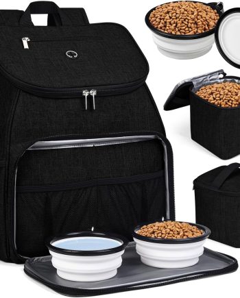 حDog Travel Bag, Airline Approved Pet Supplies Backpack, Dog Travel Backpack Accessories Set with 2 Silicone Collapsible Bowls and 2 Food Baskets. Black