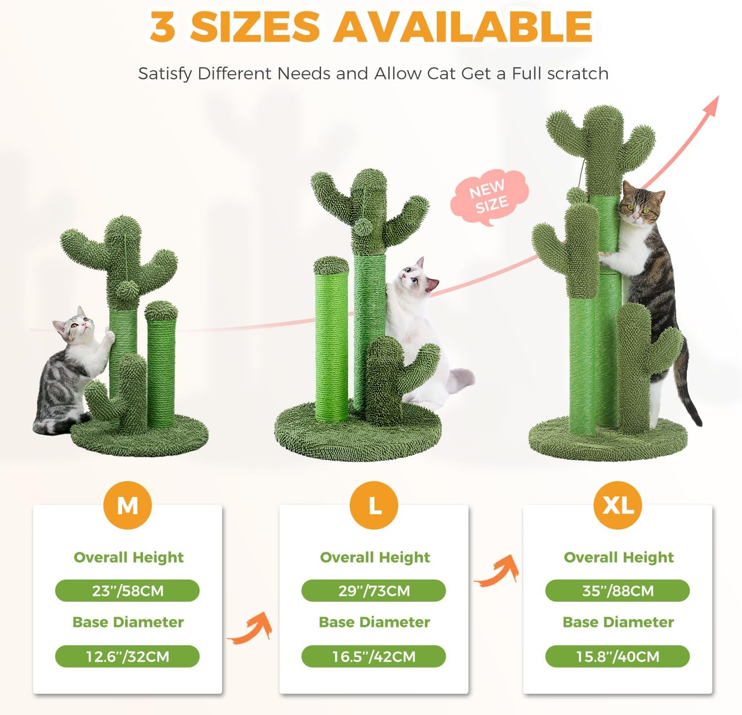 Cat Scratching Post Cactus Cat Scratcher Featuring with 3 Scratching Poles and Interactive Dangling Ball - 35 Inches