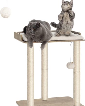 26.7in Large Cat Tree Tower Condo, Cat Scratch Posts for Indoor Cats, Big Plate, Three 23.6in Full Sisal Scratching Posts, Greige