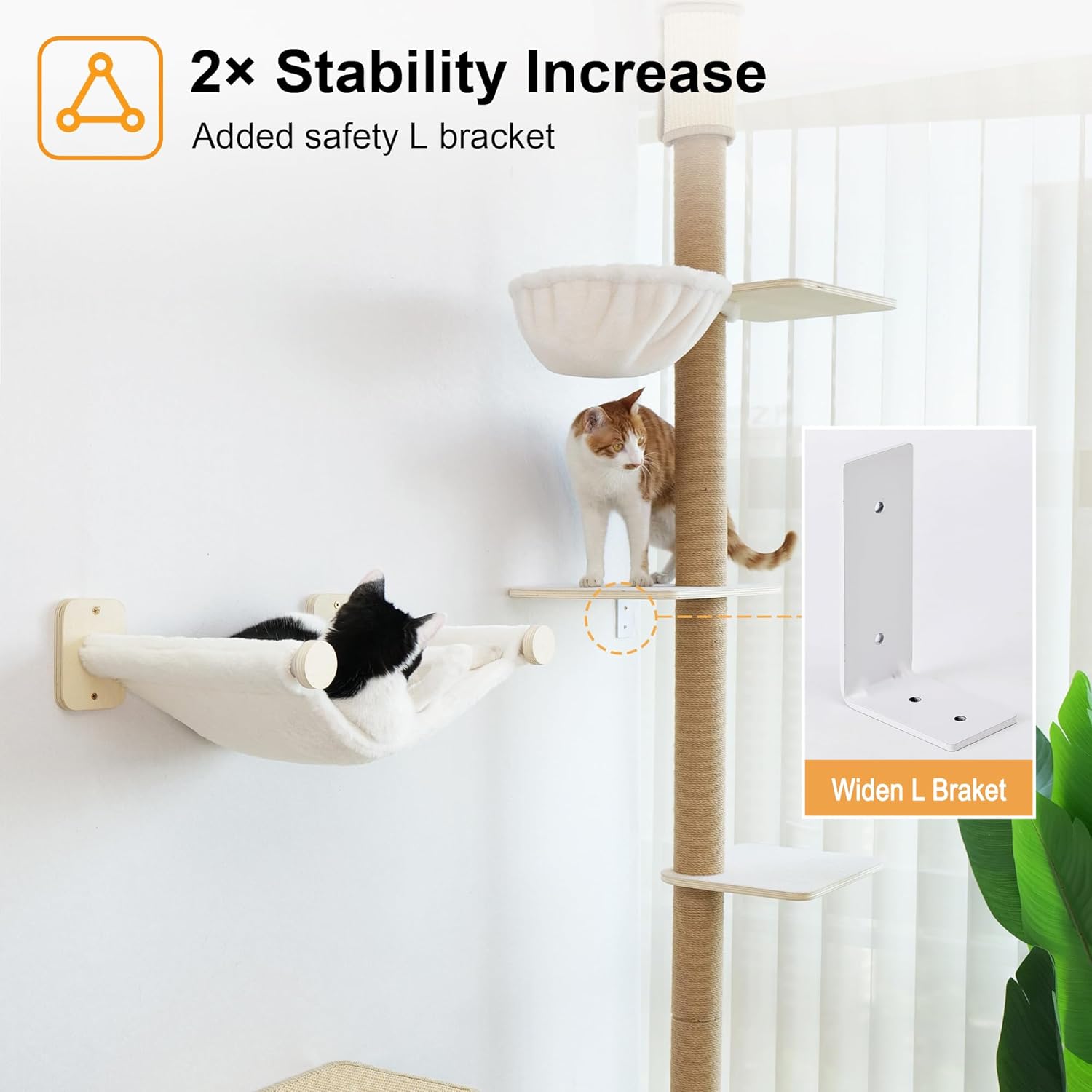 Wall-Mounted Cat Tree, Adjustable Height (81-107 Inches) Floor to Ceiling Cats Tower with Scratching Post, Sturdy Cats Activity Center with Cozy Hammock