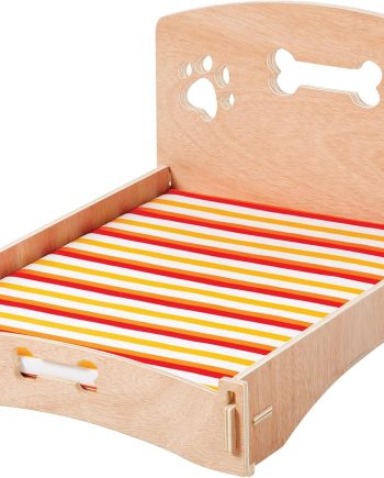 Products Wooden Dog Bed Bone and Footprint Design with Removable Stripe Cushion, Small Pet Bed for Indoor/Outdoor Use 22" L x 16" W x 12" H
