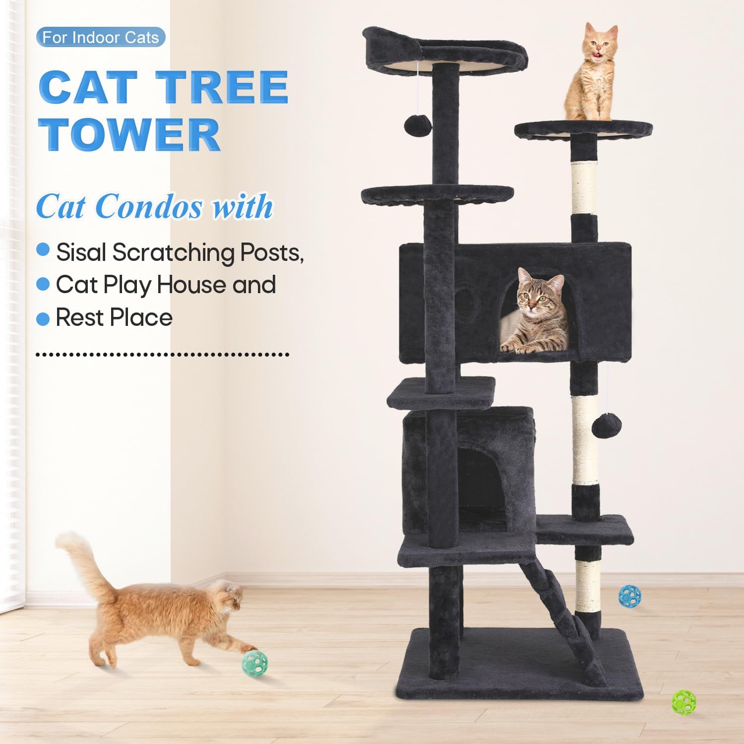 Cat Tree 54in Cat Tower Multi-Level Durable Cat Scratching Post & Cozy Fun Cat Jumping Platform Space Saving Cat Condo Pet Play House for Indoor Cats,Dark Gray