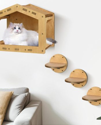 Cat Wall Shelves, Cat Shelves and Perches for Wall, Cat House Fit Cat Up to 25Lbs, 1 Cat Condo House and 3 Large Cat Steps with Scratching Pad, Cat Climbing Shelf for Indoor, Cat Wall Furniture