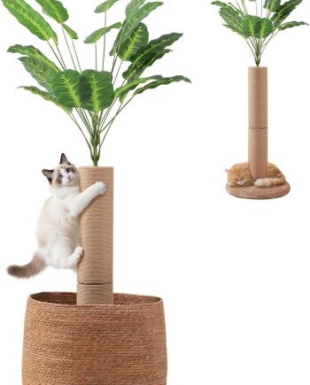 62 Inch Tall Cat Scratching Post with Bed, Banana Leaf Tree Scratching Posts for Indoor Cats Adults, Artificial Plants Siscal Scratcher Post with Foldable Woven Cat Basket Nest for Home Decor