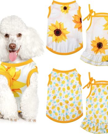 4 Pieces Pet Clothes Set Include 2 Pieces Cute Pet Dress Lovely Dog Dress and 2 Pcs Breathable Dog T Shirt Puppy Clothes(Pineapple, Sunflower,X-Large)