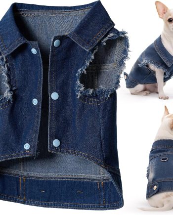 Pet Denim Jacket for Dogs with Leash Ring, Fringed Sleeves, Blue Jean Coat, Dog Collar Vest, Classic Design, Vintage Washed, Suitable for Small to Large Dogs (XX-Large)