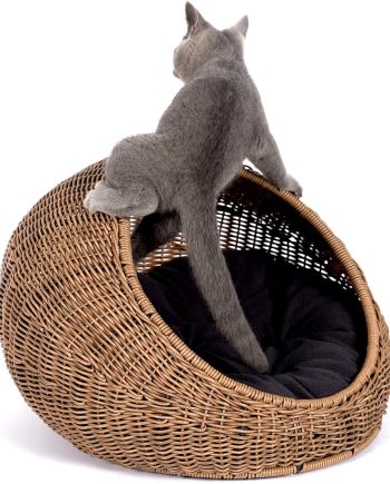 Wicker Cat Bed Dome for Medium Indoor Cats - a Covered Cat Hideaway Hut of Faux Rattan Houses Pets in Dome Basket, Washable