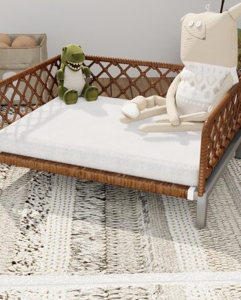 Small Dog Bed, Waterproof Elevated Dog Couch with Washable Removable White Cushion, Boho Rattan Dark Brown Wicker Orthopedic Pet Sofa for Outdoor, Indoor