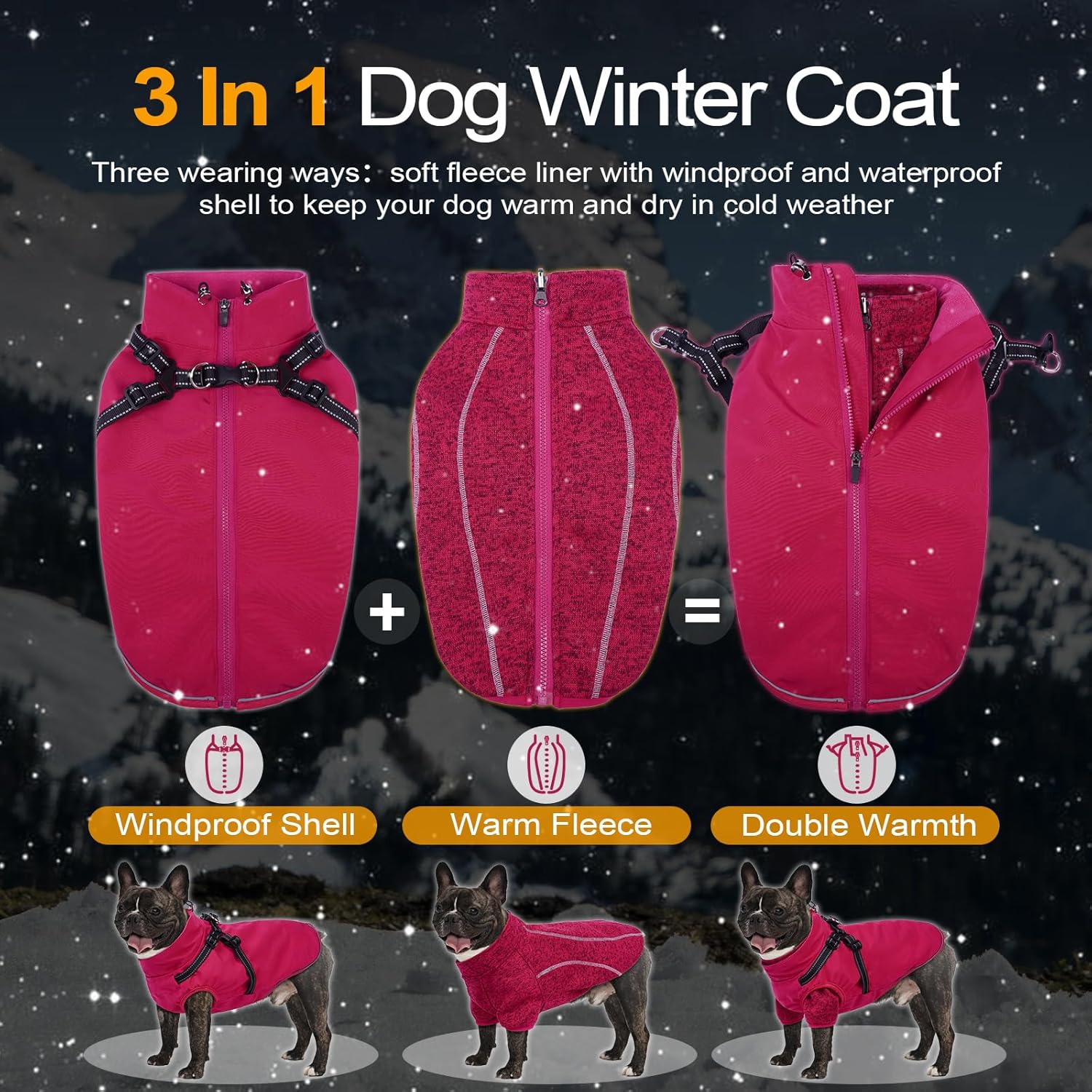 Dog Coat 3 in 1 Waterproof Dog Winter Jacket with Harness Built in Windproof Snow Jakcet with Detachable Fleece Sweater Lining Reflective Thermal Cold Weather Coats for Small Medium Large Dogs