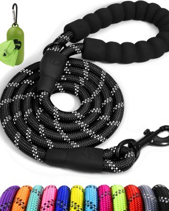 Rope Dog Leash 6 FT with Comfortable Padded Handle, Highly Reflective Threads Leash for Medium Large Dogs, 1/2 inch, Black