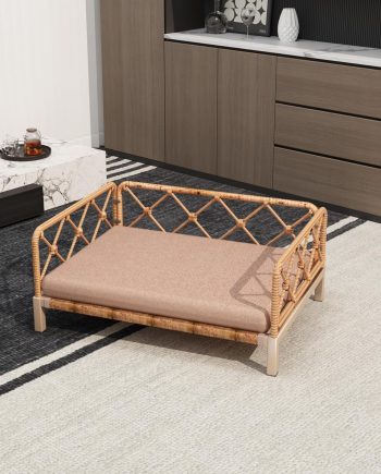Wicker Dog Bed with 2" Cushion,Rattan Dog Sofa Bed for Small Medium Dogs?C Indoor/Outdoor Metal Frame Pet Bed up 66lbs (Brown Rattan Brown Cushion)