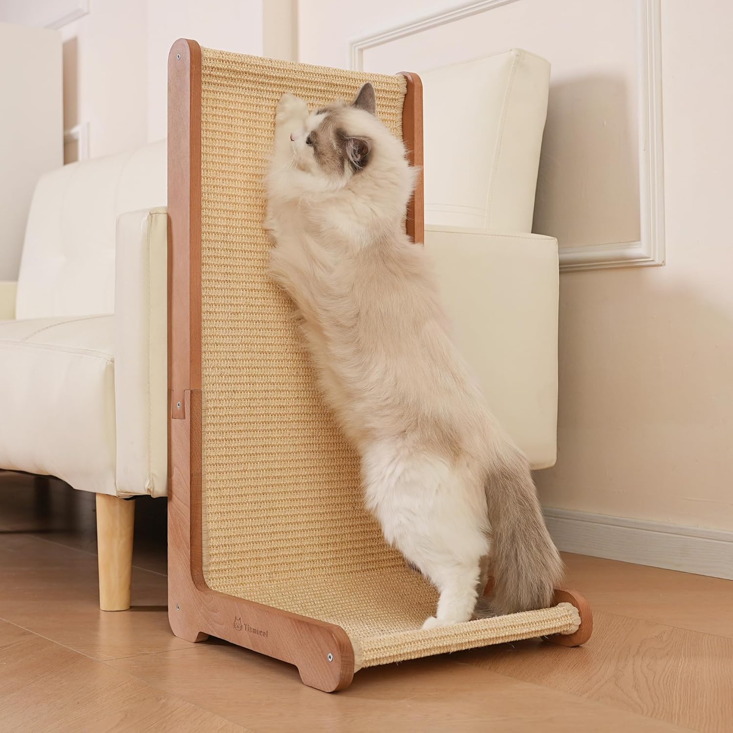 Cat Scratching Post - Beechwood Base, 26.8" Natural Sisal Woven Cat Scratch Pad, Cat Scratching Board,Durable Cat Scratcher for Indoor Cat, Furniture Protector for Cats' Clawing and Play