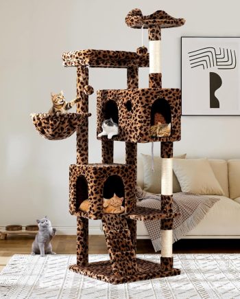 64 Inches Cat Tree Tower/Multi-Level Activity Center for Indoor Big Felines/2 Plush Condos/2 Perchs/Basket/House/Sisal Scratching Posts/Hanging Cat Toys/Leopard Print