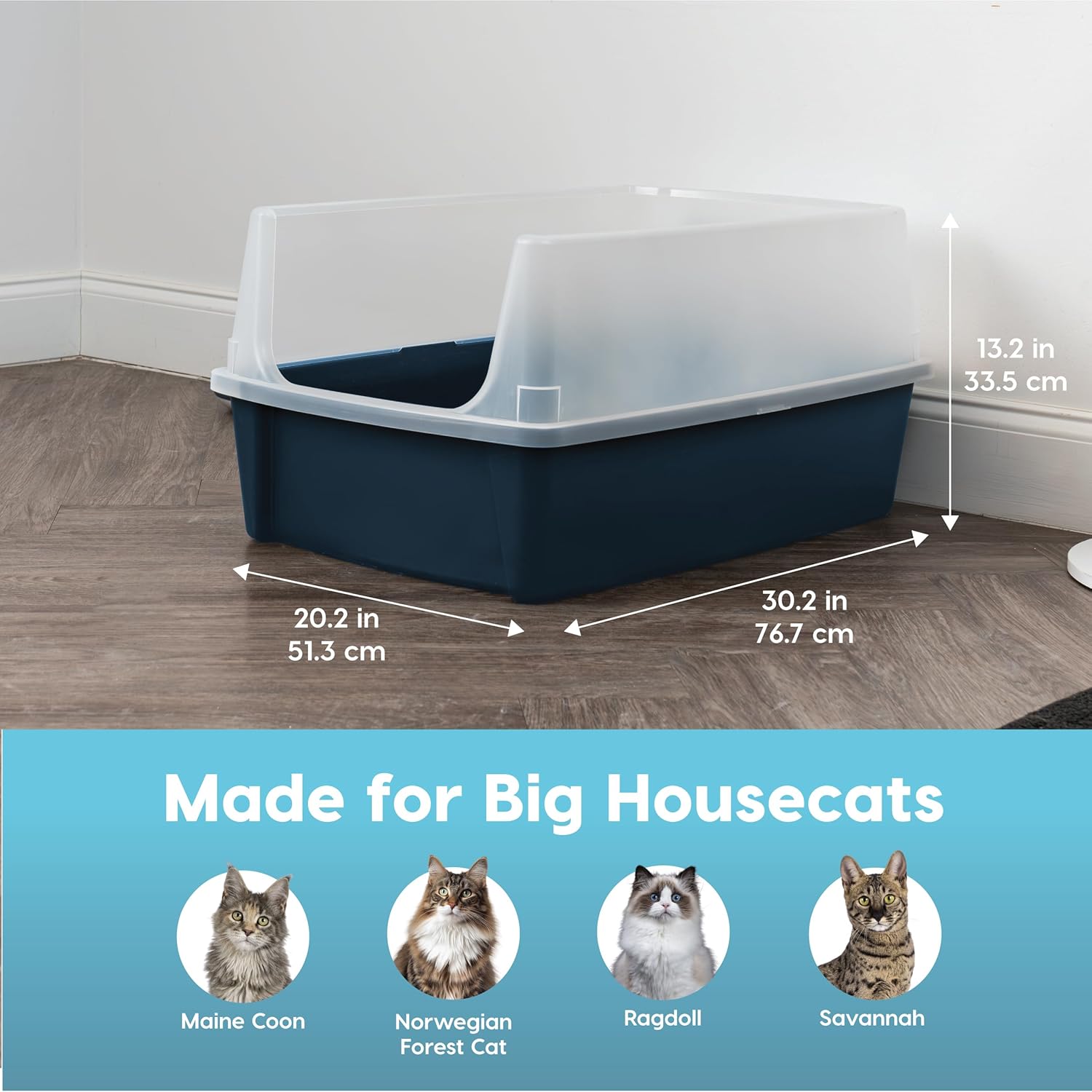 XX-Large Cat Litter Box, Open Top Extra Large Litter Box for Big Cats and Multi-Cat Households, High Sided Scatter Shield, Easy to Clean, 30" L x 20" W x 14" H, Navy