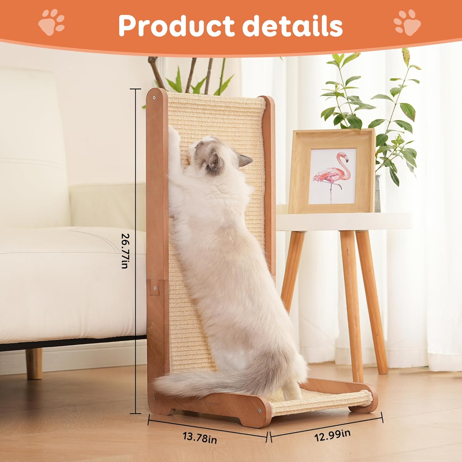 Cat Scratching Post - Beechwood Base, 26.8" Natural Sisal Woven Cat Scratch Pad, Cat Scratching Board,Durable Cat Scratcher for Indoor Cat, Furniture Protector for Cats' Clawing and Play