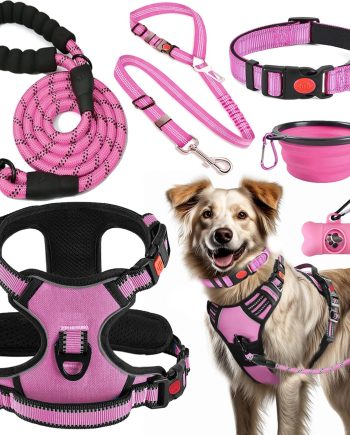 No Pull Dog Harness, Collar & Leash Set | Includes Dog Seat Belt, Collapsible Bowls & Poop Bag Dispenser. Ideal for Training, Walking, Hiking. Fits Small to Large Dogs(Pink-L)