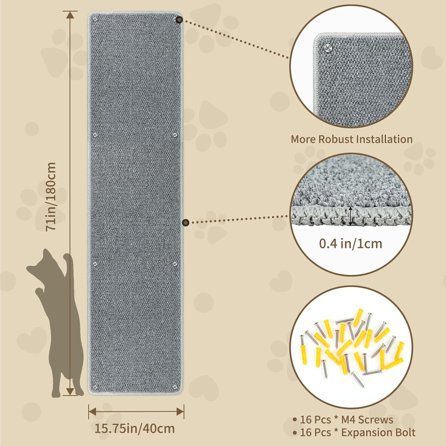 71x15.8 Thickened Cat Wall Climbing Carpet with 16 Fixed Nails, Extra Large Tall Cat Scratch Pad for Wall, Wall Mounted Climbing Cat Scratcher for Furniture Couch Sofa Protector(Grey)
