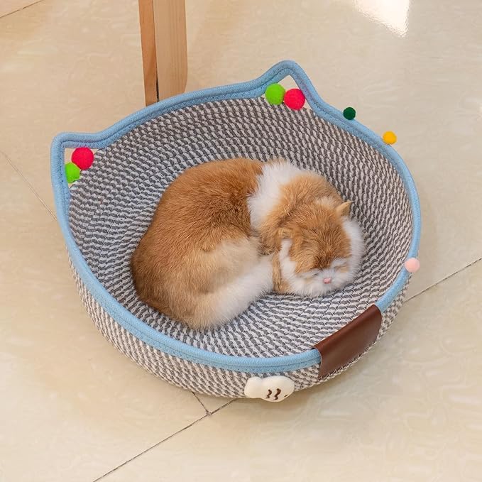 Cotton Rope Woven Pet Bed Basket, Small Dogs Sofa Bed for All Seasons,Washable Round Sleeping House Bed with Cat Ears for Indoor Cat Puppies Rabbits and Small Pets(Light Blue)