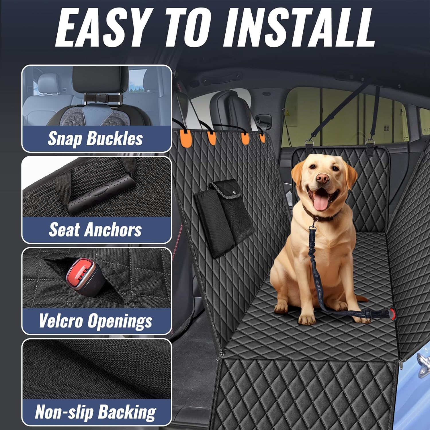 Dog Car Seat Cover for Back Seat ?C Waterproof Nonslip Hammock with Dog Seat Belt, Universal Fit Pet Seat Protector for Cars, SUVs, Trucks, Durable, Easy Install, Machine Washable