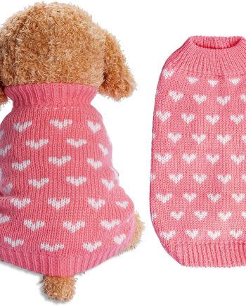 Dog Knitted Sweater Heart Puppy Sweater Warm Soft Pet Holiday Clothes for Small Cats and Dogs (Pink, S)