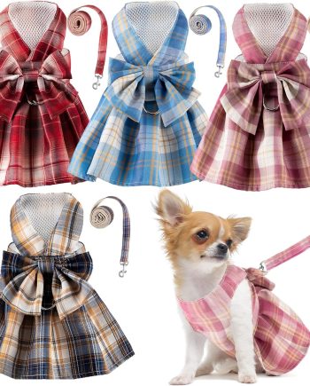 4 Pcs Cute Plaid Dog Dress Set with Bow Tie Harness & Leash for Small Dogs, Puppy Clothes for Girls Summer Outfits(M,Dark Color)