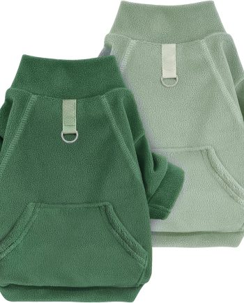 Fleece Dog Sweater 2 Pack, Winter Dog Clothes Turtleneck Dog Sweatshirt Pet Clothing Stretchy Small Dog Coat Cat Apparel with Leash Ring,Green,Dark Green,X-Large