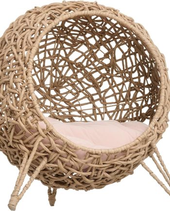 20.5" Weaved Cat Bed, Elevated Hand-Woven Braided Banana Leaf Kitten House Condo with Cushion, Beige
