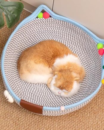 Cotton Rope Woven Pet Bed Basket, Small Dogs Sofa Bed for All Seasons,Washable Round Sleeping House Bed with Cat Ears for Indoor Cat Puppies Rabbits and Small Pets(Light Blue)