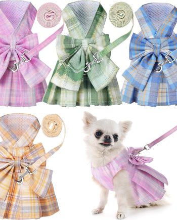 4 Pcs Cute Plaid Dog Dress Set with Bow Tie Harness & Leash for Small Dogs, Puppy Clothes for Girls Summer Outfits(M,Light Color)