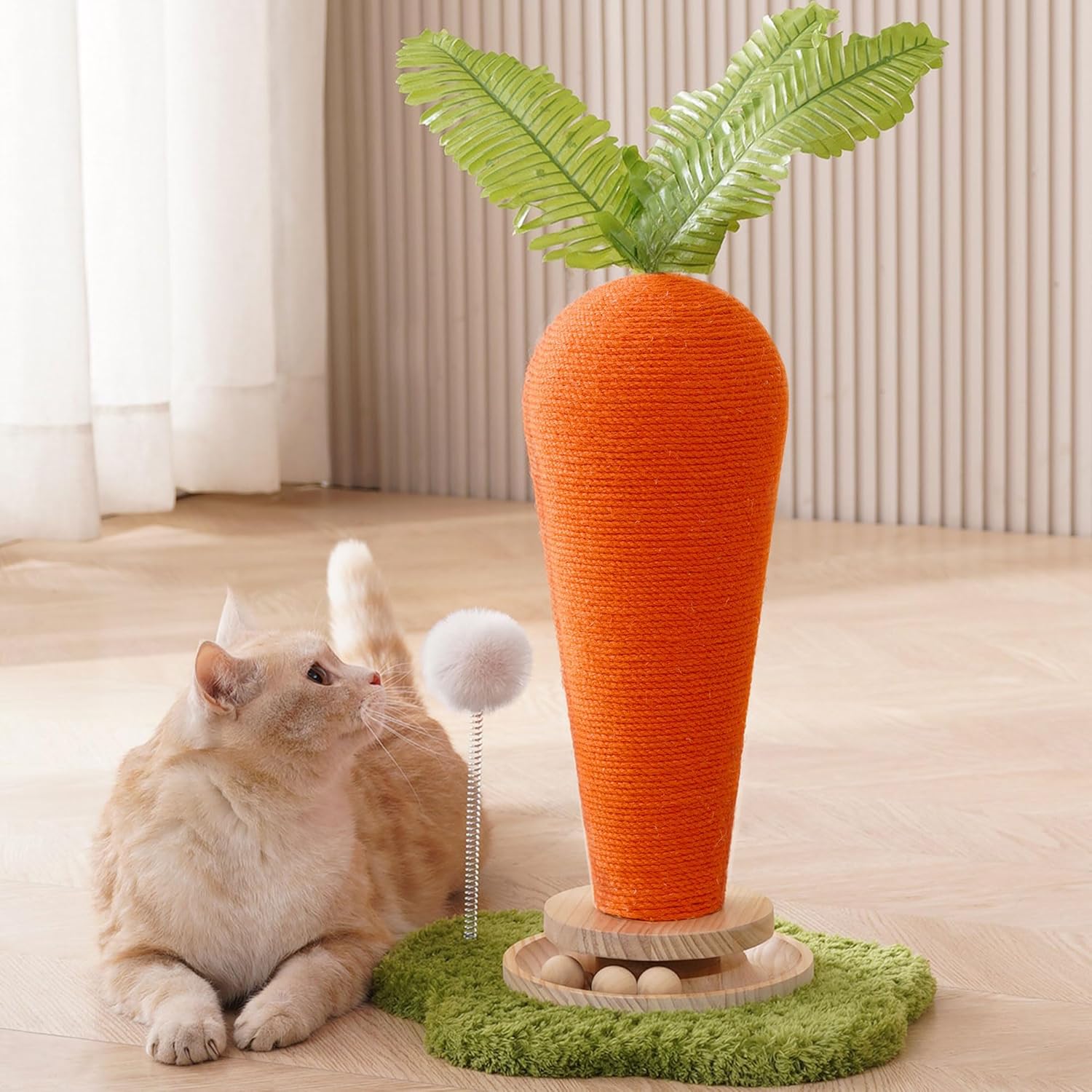 24'?? H Cat Scratching Post Carrot with Catnip, Cute Cat Scratcher Post with Durable Natural Wooden Turntable Toy, Carrot Shape Design Cat Toy Cat Tree Sisal Scratcher for Indoor Cats (Cloud Base)
