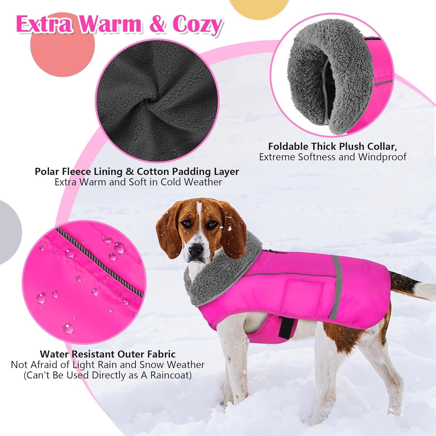 Warm Dog Coat, Christmas Dog Jacket Waterproof Puppy Winter Coat with Buckles, Reflective Adjustable Pet Snow Jacket Turtleneck Fleece Sweater for Small Medium Large Dogs - Pink, S