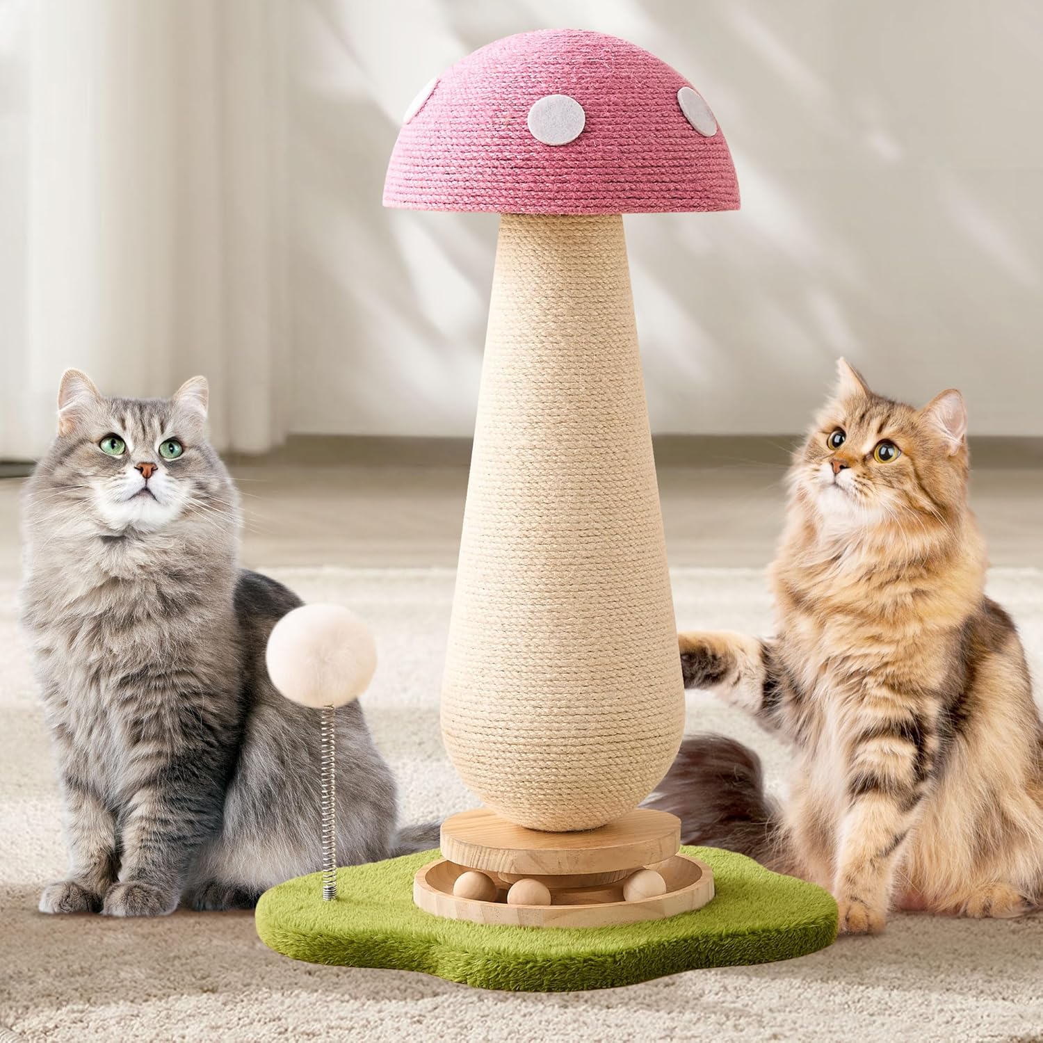 Mushroom Cat Scratching Post Cat Tree, 21.5???? H Cute Cat Scratcher Tower with Durable Solid Wood Turntable Toy, Baby Pink Mushroom Scratch Post Cat Sisal Scratcher with Catnip for Indoor Adult Cats