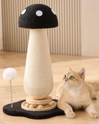 Mushroom Cat Scratching Post Cat Tree, 21.5???? H Cute Cat Scratcher Tower with Durable Solid Wood Turntable Toy, Solid Black Mushroom Scratch Post Cat Sisal Scratcher with Catnip for Indoor Cats