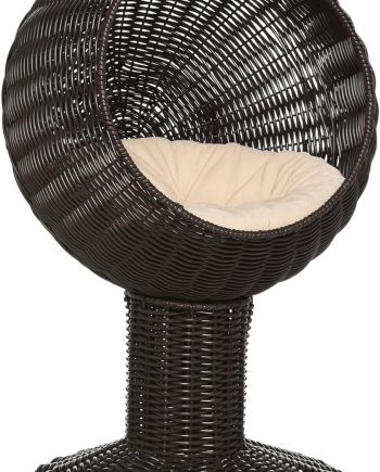 Elevated Cat Bed with Rotatable Egg Chair Pod, Cat Basket Bed with Thick Cushion, Natural Mat Grass Woven Kitty House, Coffee