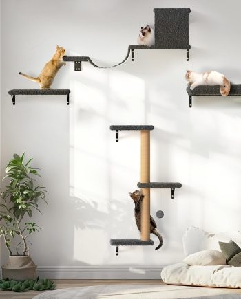 Cat Wall Shelves, Stable & Safe 4 in 1 Cat Furniture Set, Wooden Climbing Wall with Scratching Post for 16 Inch Drywall - Gray