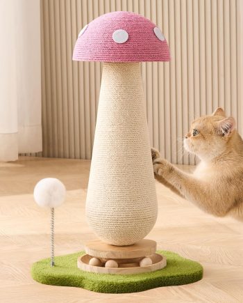 Mushroom Cat Scratching Post Cat Tree, 21.5???? H Cute Cat Scratcher Tower with Durable Solid Wood Turntable Toy, Baby Pink Mushroom Scratch Post Cat Sisal Scratcher with Catnip for Indoor Adult Cats