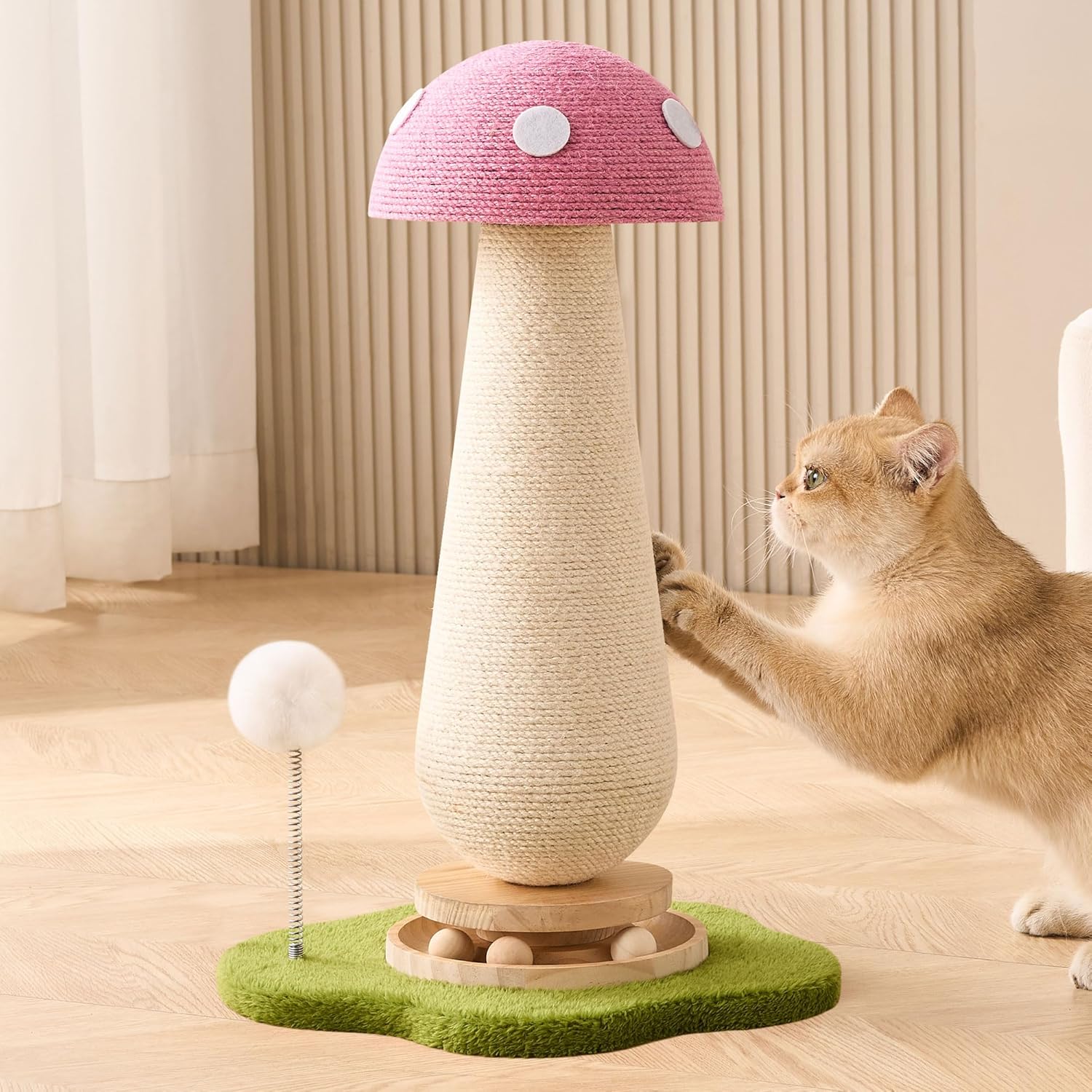 Mushroom Cat Scratching Post Cat Tree, 21.5???? H Cute Cat Scratcher Tower with Durable Solid Wood Turntable Toy, Baby Pink Mushroom Scratch Post Cat Sisal Scratcher with Catnip for Indoor Adult Cats