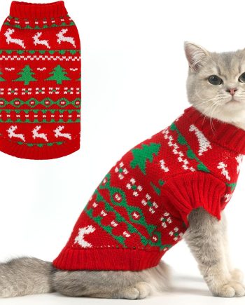 Cat Sweater Turtleneck- Soft Knit Cat Christmas Sweaters for Cats Only, Elk Christmas Tree Pattern Thick Warm Cold Weather Pet Clothes Outfit for Small Medium Large Size Kitten Puppy Red S