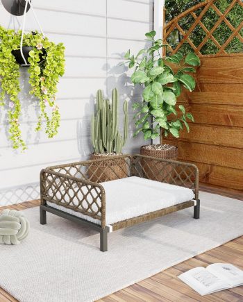 Outdoor Wicker Dog Bed Indoor Rattan Dog Sofa with Soft Cushion (Brown Wicker/White Cushion, Small)