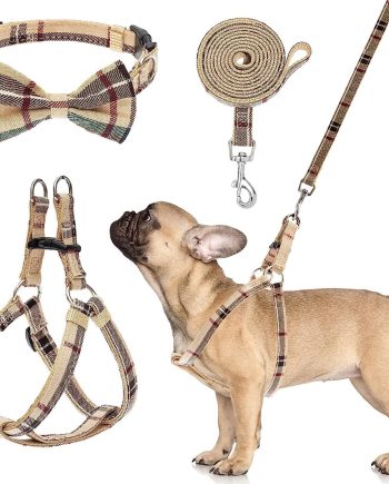 Dog Harness Collar Leash Set,Adjustable No Pull Escape Proof Small Dog Harness,Classic Plaid Puppy Harness and Leash Set for Small Medium Large Dogs Training Easy Walk Running(Beige,M)