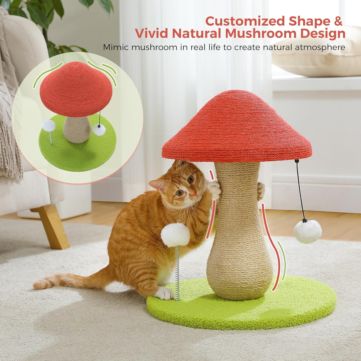 Mushroom Cat Scratching Post, Cat Scratcher Cute with 100% Sisal Covered Scratching Post & Pompoms Toy, Mushroom Cat Post for Indoor Cats