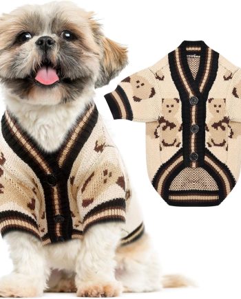 Small Dog Sweaters Cute Bear Dog Cardigans Clothes for Small Medium Dogs Boy Girl Puppy Cat Knitting Cardigan Outfits Dog Winter Coats Warm Pet Dog Clothes Soft Knitwear Apparel (Beige,L)