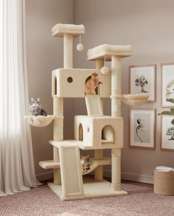 65in Larger Cat Tree Tower Condo for Indoor Kitties/Multi-Level Furniture Activity Center with Wide Base/Cozy Plush Cat Perches/Baskets/Sisal Scratching Posts and Hammock/Beige
