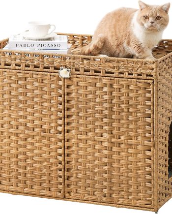 Cat Litter Box Enclosure Furniture, Handwoven Rattan Hidden Litter Box with Mat, Large Space Cat House with 2 S-Shaped Hooks 30.3 x 18.3 x 24.4 Inches, Indoor for Living Room Apartment Natural