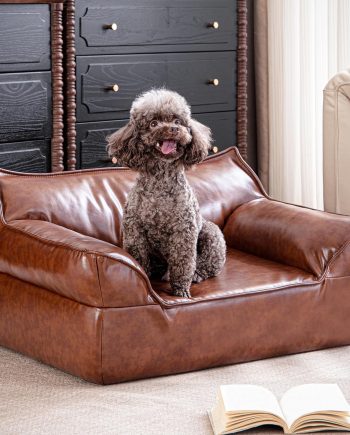 Brown Leather Dog Couch Bed for Medium Small Dogs Under 50 lbs, 31.5 Inch Mid-Century Modern Luxury Elevated Dog Sofa Indoor, Furniture Style Vintage Raised Pet Sofa Bed (Medium)