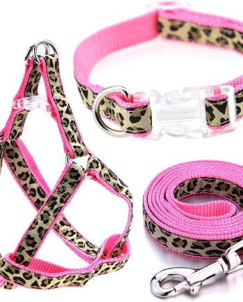 Leopard Dog Harness Collar Leash Set, Adjustable No Pull Dog Halter Harness for Small Breed Dogs, Easy Control for Training Walking (Pink, M Chest 15"-21", Neck 13"-17")
