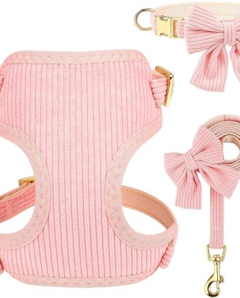 Cute Small Dog Collar Harness & Leash Set, Adjustable Dog Collars and Leashes with Bowtie, Breathable Soft Mesh Padded Dog Vest for Puppies Small Dogs Walking,Pink, S